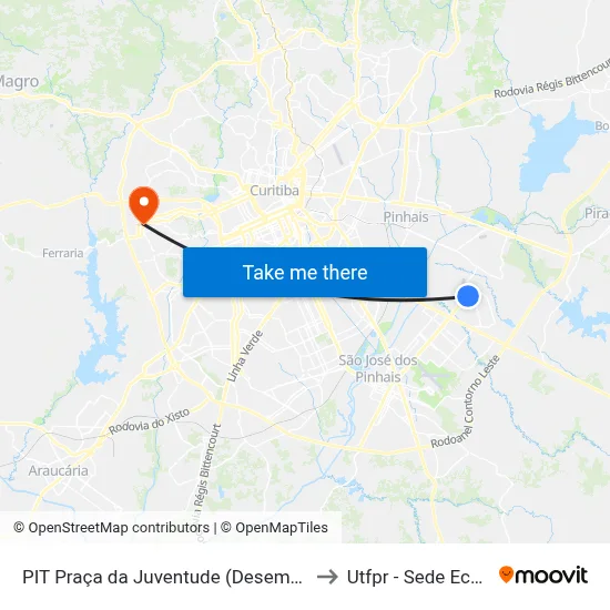 PIT Praça da Juventude (Desembarque) to Utfpr - Sede Ecoville map