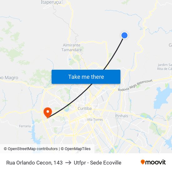 Rua Orlando Cecon, 143 to Utfpr - Sede Ecoville map