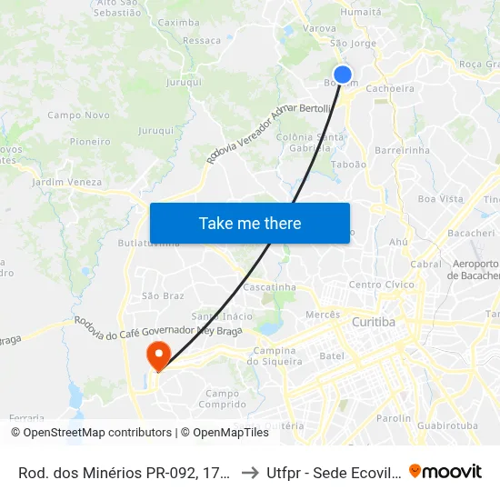 Rod. dos Minérios PR-092, 1700 to Utfpr - Sede Ecoville map