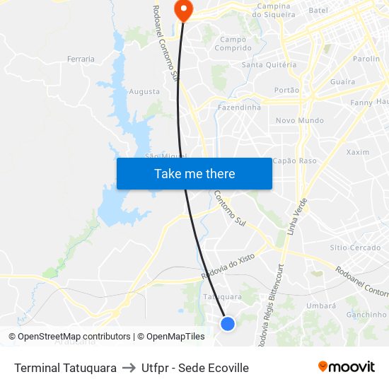 Terminal Tatuquara to Utfpr - Sede Ecoville map