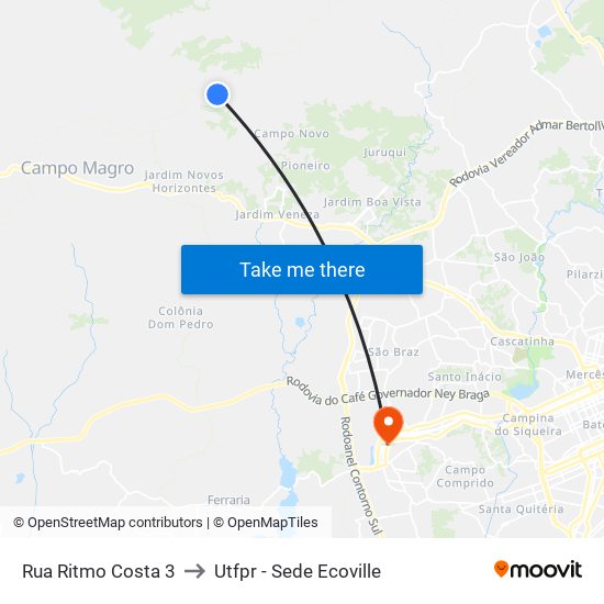 Rua Ritmo Costa 3 to Utfpr - Sede Ecoville map