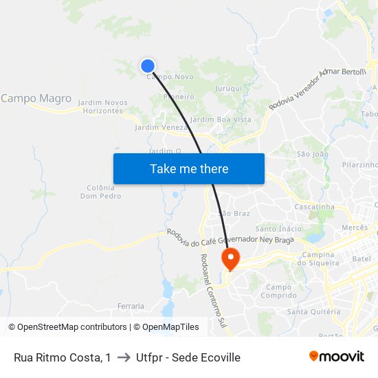 Rua Ritmo Costa, 1 to Utfpr - Sede Ecoville map