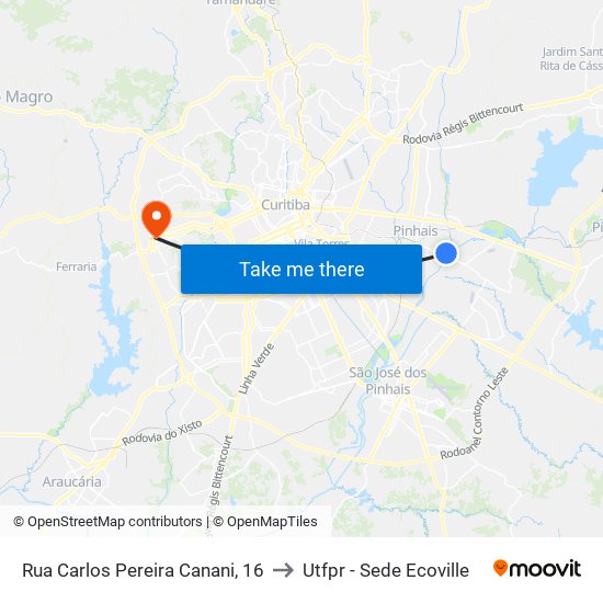 Rua Carlos Pereira Canani, 16 to Utfpr - Sede Ecoville map