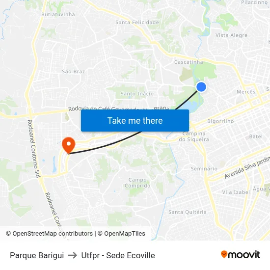 Parque Barigui to Utfpr - Sede Ecoville map