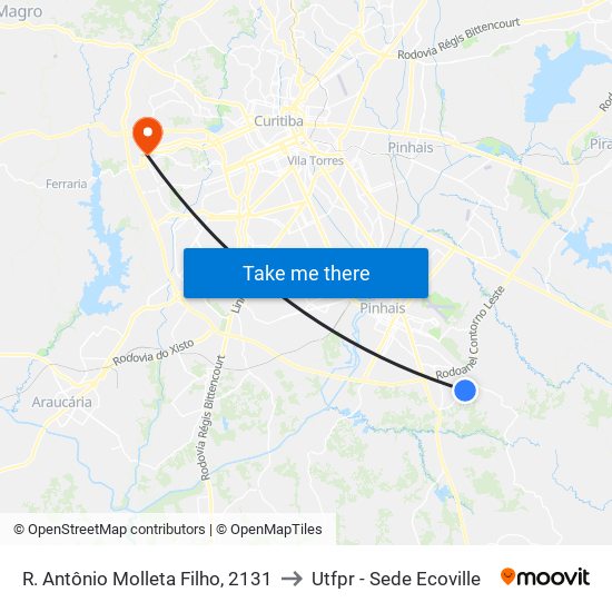 R. Antônio Molleta Filho, 2131 to Utfpr - Sede Ecoville map