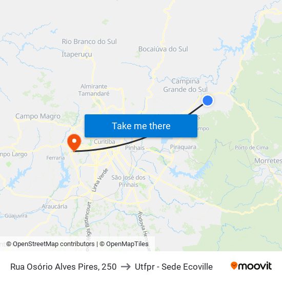 Rua Osório Alves Pires, 250 to Utfpr - Sede Ecoville map