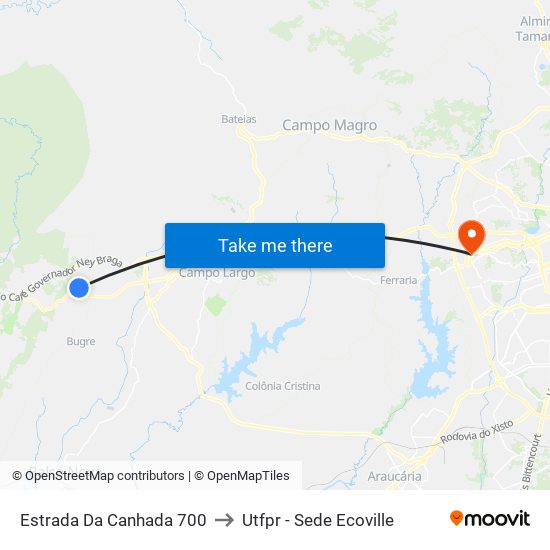 Estrada Da Canhada 700 to Utfpr - Sede Ecoville map