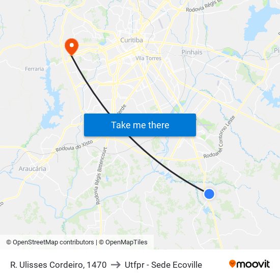 R. Ulisses Cordeiro, 1470 to Utfpr - Sede Ecoville map