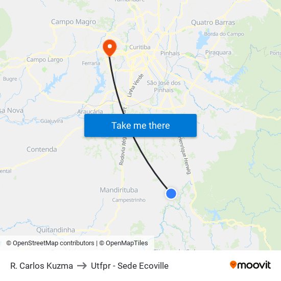 R. Carlos Kuzma to Utfpr - Sede Ecoville map