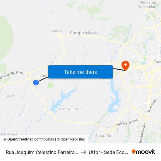 Rua Joaquim Celestino Ferreira, 530 to Utfpr - Sede Ecoville map