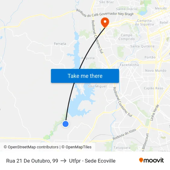 Rua 21 De Outubro, 99 to Utfpr - Sede Ecoville map