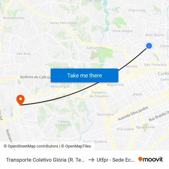 Transporte Coletivo Glória (R. Teffé, 707) to Utfpr - Sede Ecoville map