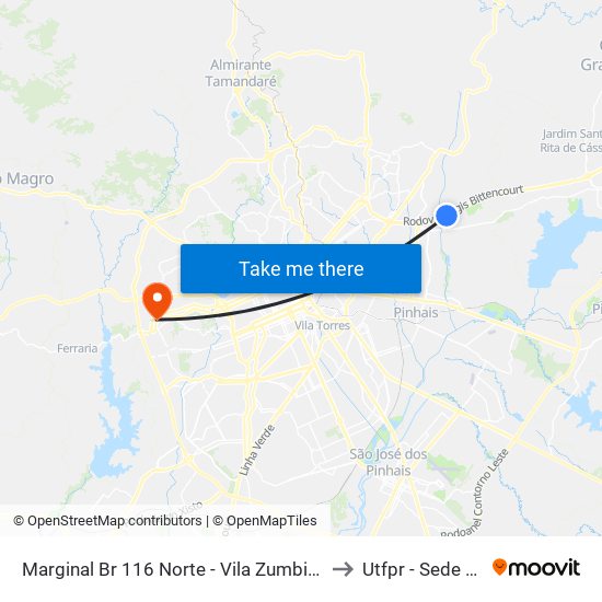 Marginal Br 116 Norte - Vila Zumbi/Vila Liberdade to Utfpr - Sede Ecoville map