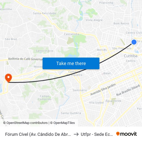 Fórum Cível (Av. Cândido De Abreu, 400) to Utfpr - Sede Ecoville map