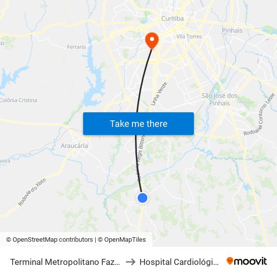 Terminal Metropolitano Fazenda Rio Grande to Hospital Cardiológico Costantini map