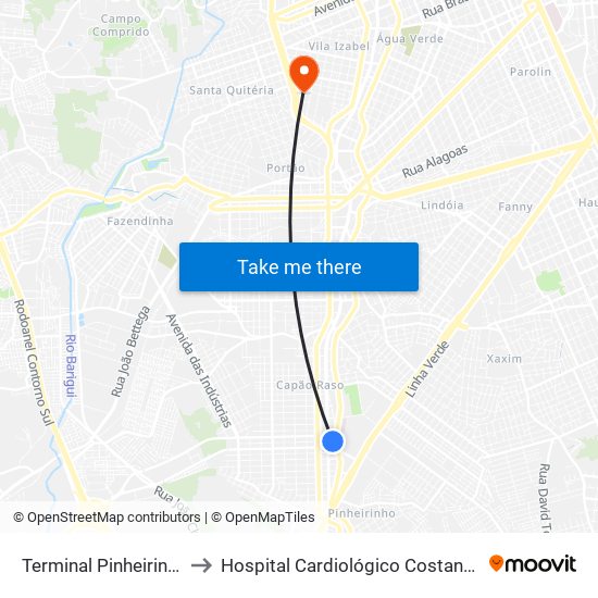 Terminal Pinheirinho to Hospital Cardiológico Costantini map