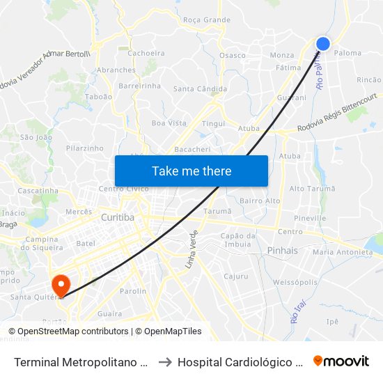 Terminal Metropolitano Guaraituba to Hospital Cardiológico Costantini map