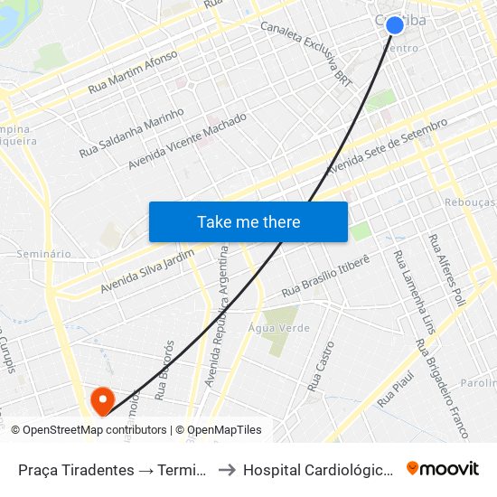 Praça Tiradentes → Terminal Bairro Alto to Hospital Cardiológico Costantini map