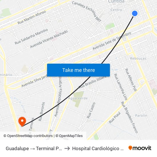 Guadalupe → Terminal Pinheirinho to Hospital Cardiológico Costantini map
