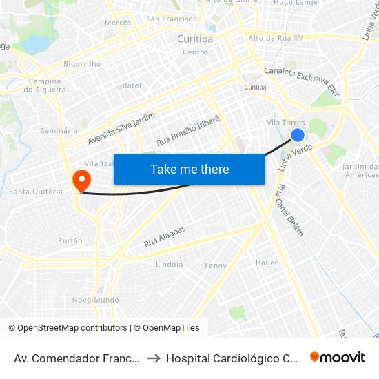 Av. Comendador Franco, 1731 to Hospital Cardiológico Costantini map