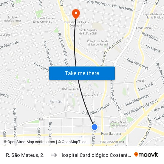 R. São Mateus, 200 to Hospital Cardiológico Costantini map