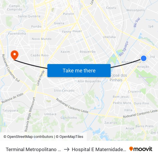 Terminal Metropolitano Afonso Pena to Hospital E Maternidade Santa Izabel map