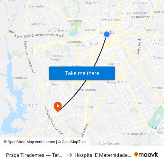 Praça Tiradentes → Terminal Pinhais to Hospital E Maternidade Santa Izabel map