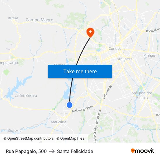 Rua Papagaio, 500 to Santa Felicidade map