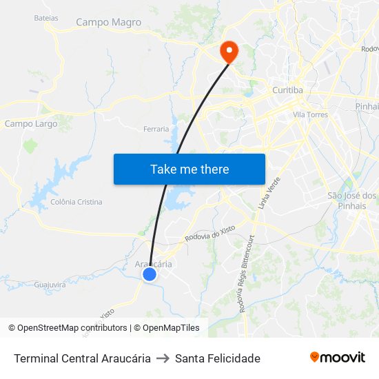 Terminal Central Araucária to Santa Felicidade map