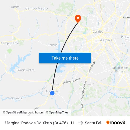 Marginal Rodovia Do Xisto (Br 476) - Hiper Condor Araucária to Santa Felicidade map