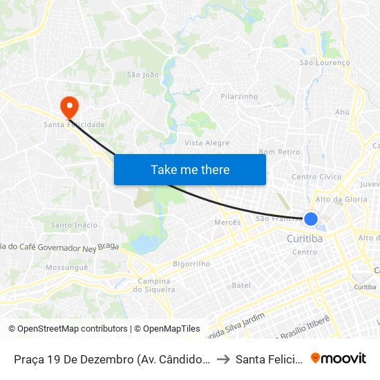 Praça 19 De Dezembro (Av. Cândido De Abreu) to Santa Felicidade map