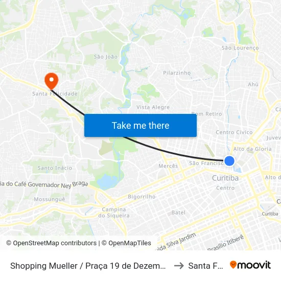 Shopping Mueller / Praça 19 de Dezembro (Av. Cândido de Abreu, 100) to Santa Felicidade map