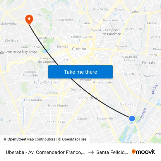 Uberaba - Av. Comendador Franco, 8440 to Santa Felicidade map