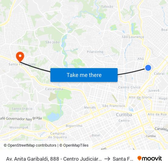 Av. Anita Garibaldi, 888 - Centro Judiciário De Curitiba (Justiça Federal) to Santa Felicidade map