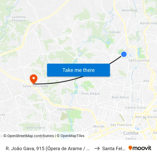 R. João Gava, 915 (Ópera de Arame / Parque das Pedreiras) to Santa Felicidade map