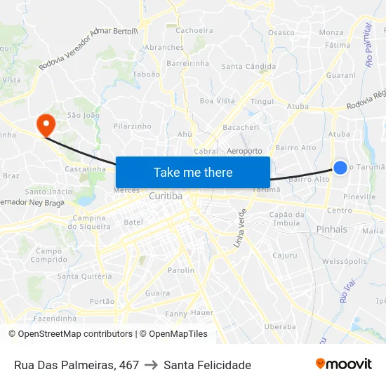 Rua Das Palmeiras, 467 to Santa Felicidade map