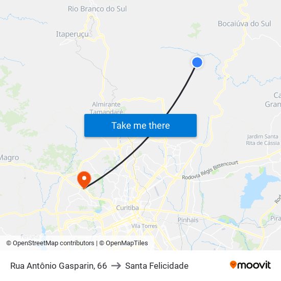 Rua Antônio Gasparin, 66 to Santa Felicidade map