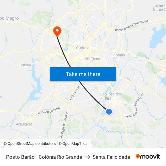 Posto Barão - Colônia Rio Grande to Santa Felicidade map