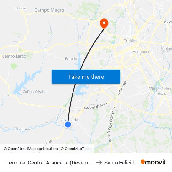 Terminal Central Araucária (Desembarque) to Santa Felicidade map