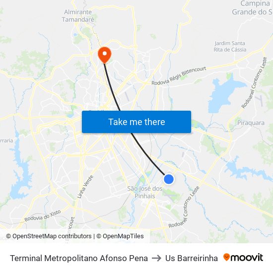 Terminal Metropolitano Afonso Pena to Us Barreirinha map