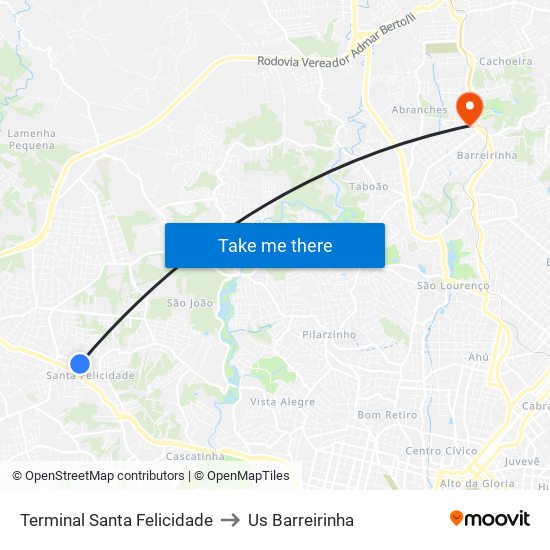 Terminal Santa Felicidade to Us Barreirinha map