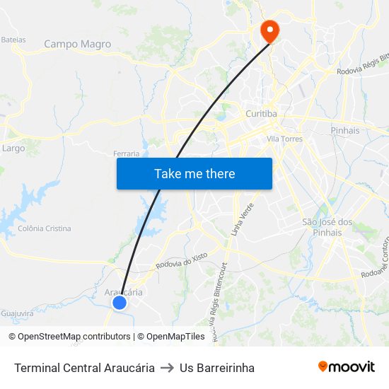 Terminal Central Araucária to Us Barreirinha map