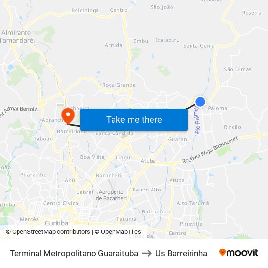 Terminal Metropolitano Guaraituba to Us Barreirinha map