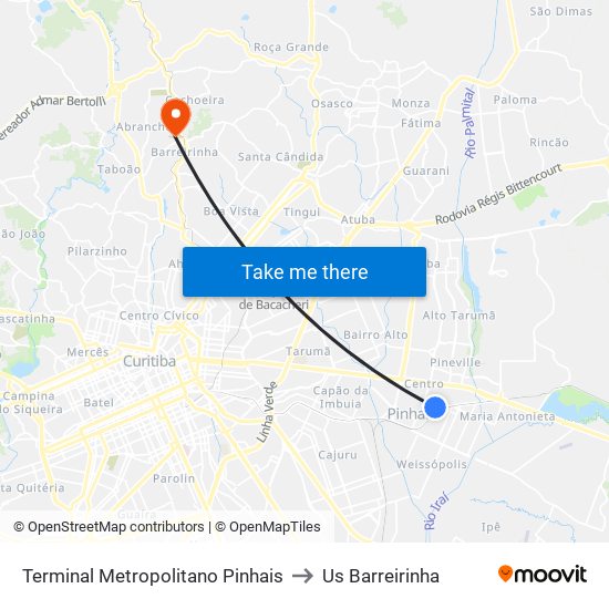 Terminal Metropolitano Pinhais to Us Barreirinha map