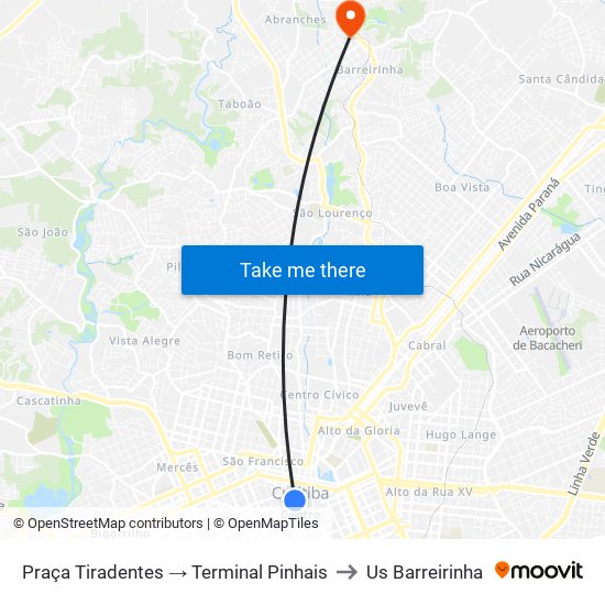 Praça Tiradentes → Terminal Pinhais to Us Barreirinha map