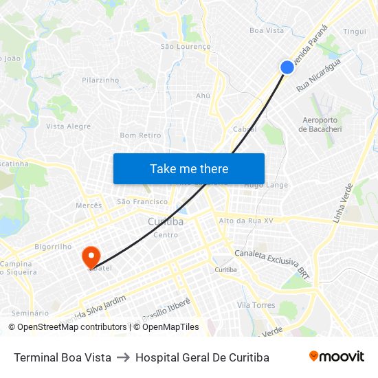 Terminal Boa Vista to Hospital Geral De Curitiba map