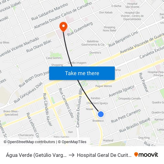 Água Verde (Getúlio Vargas) to Hospital Geral De Curitiba map