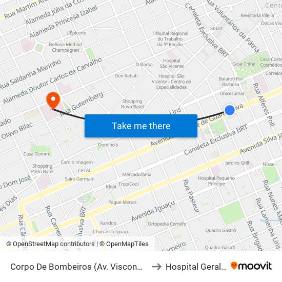 Corpo De Bombeiros (Av. Visconde De Guarapuava, 3571) to Hospital Geral De Curitiba map