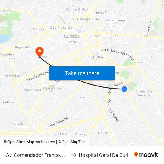Av. Comendador Franco, 2484 to Hospital Geral De Curitiba map