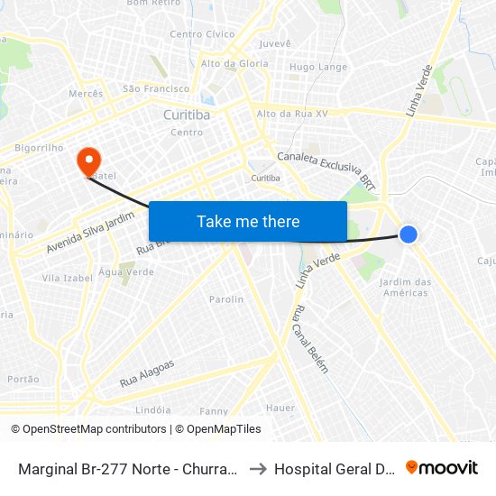 Marginal Br-277 Norte - Churrascaria Marumbi to Hospital Geral De Curitiba map